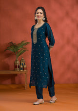 Women's Peacock Blue Threadwork Raw Silk Readymade Salwar Suit