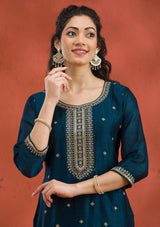 Women's Peacock Blue Threadwork Raw Silk Readymade Salwar Suit