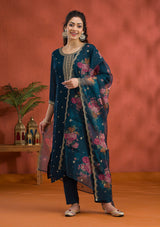 Women's Peacock Blue Threadwork Raw Silk Readymade Salwar Suit