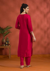 Women's Rani Pink Threadwork Raw Silk Readymade Salwar Suit