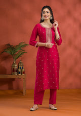 Women's Rani Pink Threadwork Raw Silk Readymade Salwar Suit