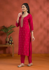 Women's Rani Pink Threadwork Raw Silk Readymade Salwar Suit