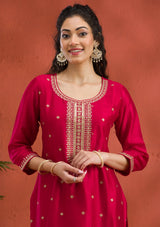 Women's Rani Pink Threadwork Raw Silk Readymade Salwar Suit