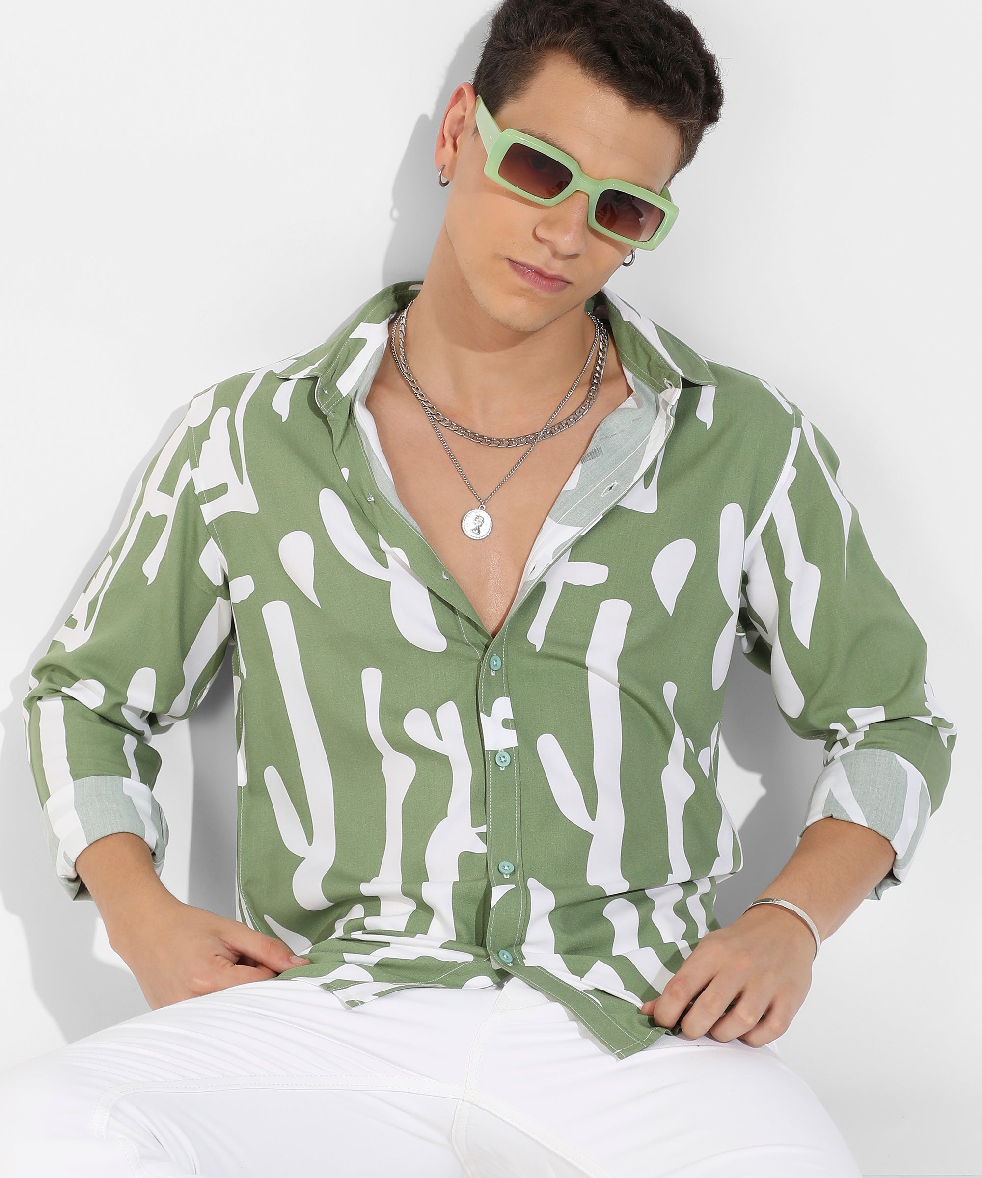 Men's Sage Green Abstract Print Shirt