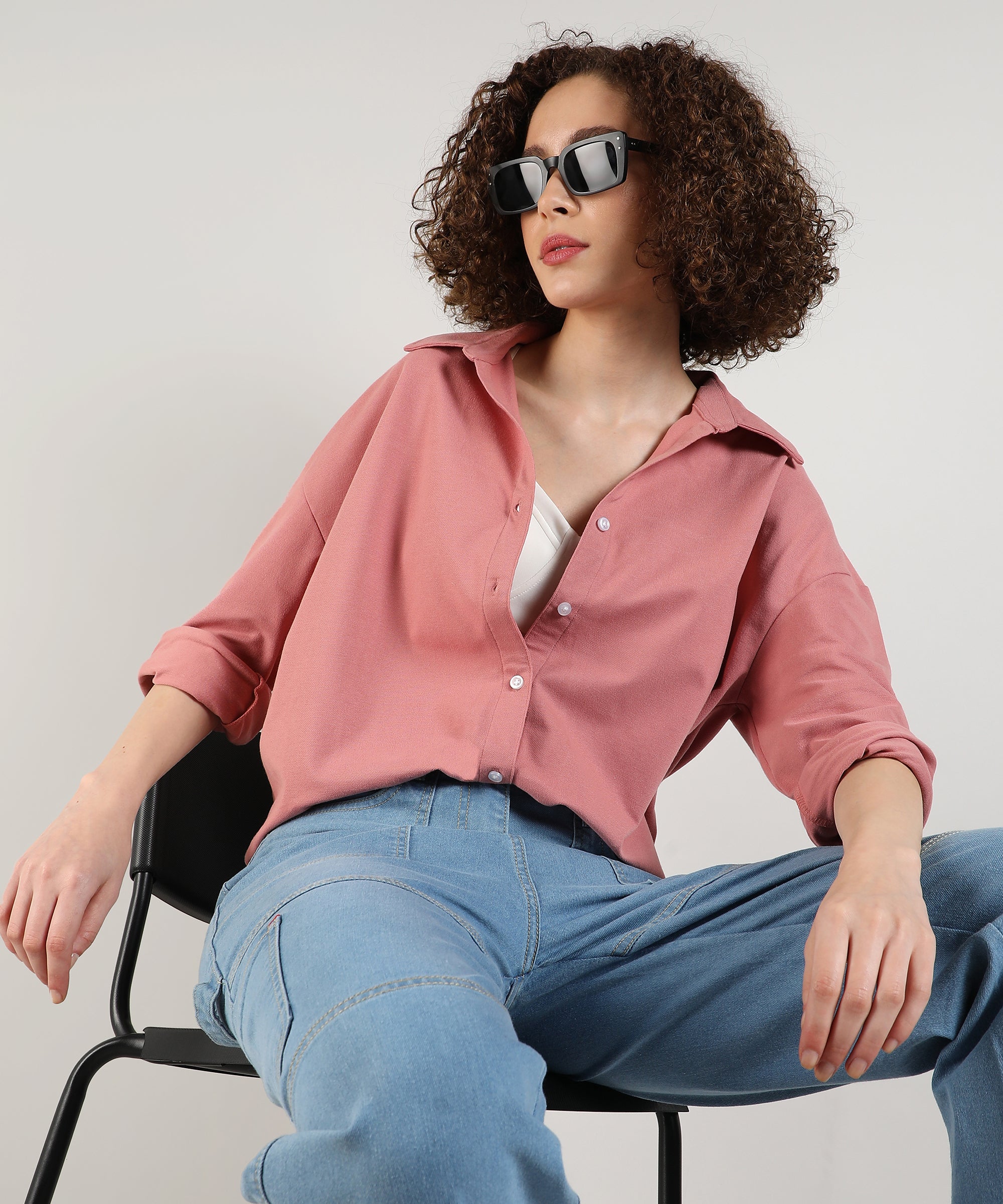 Women's Salmon Pink Solid Casual Boxy Shirt