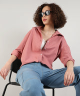 Women's Salmon Pink Solid Casual Boxy Shirt
