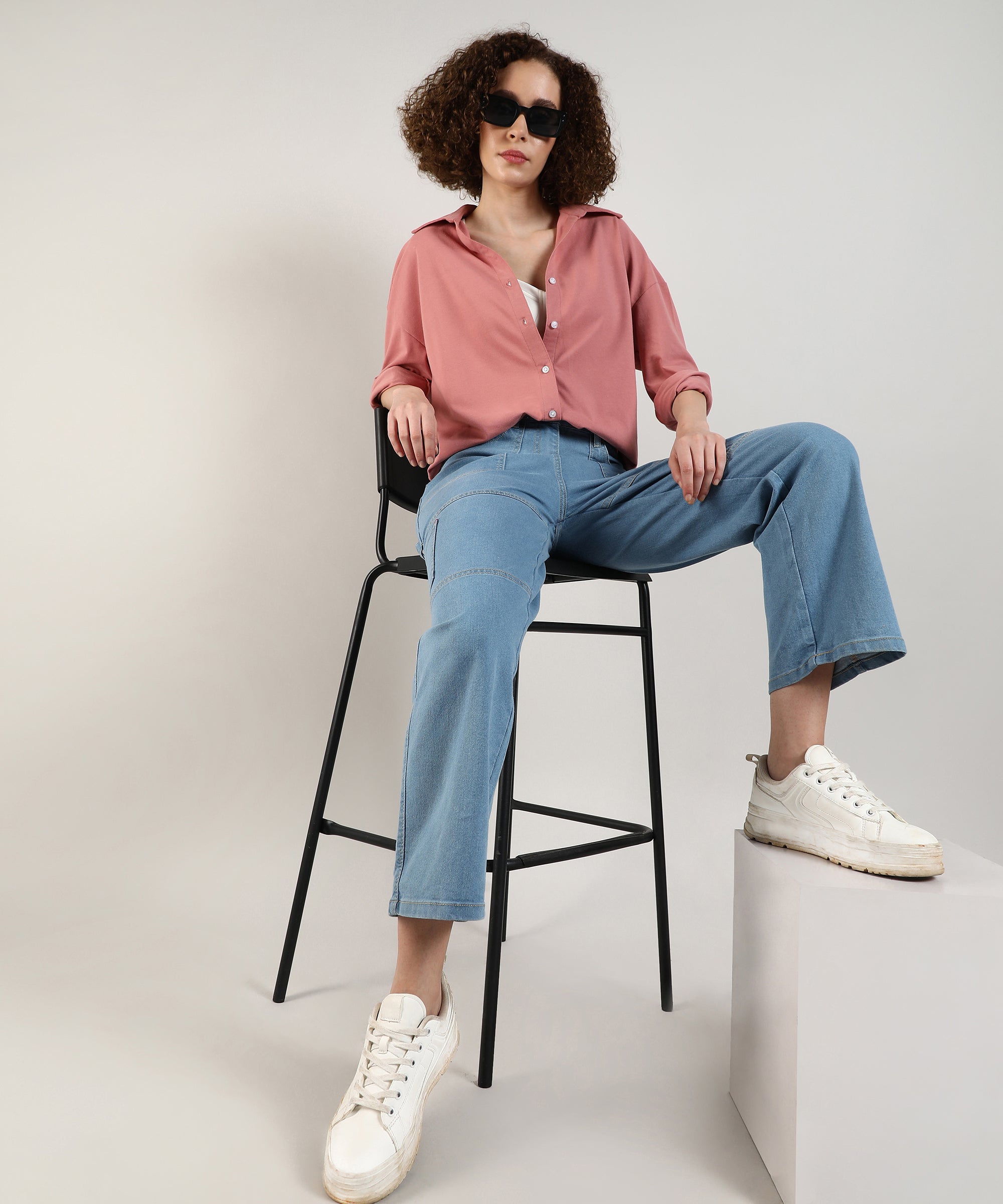 Women's Salmon Pink Solid Casual Boxy Shirt