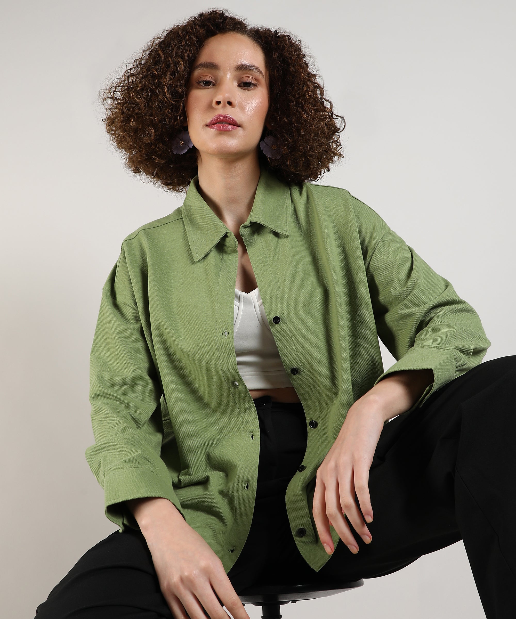 Women's Pistachio Green Solid Casual Boxy Shirt