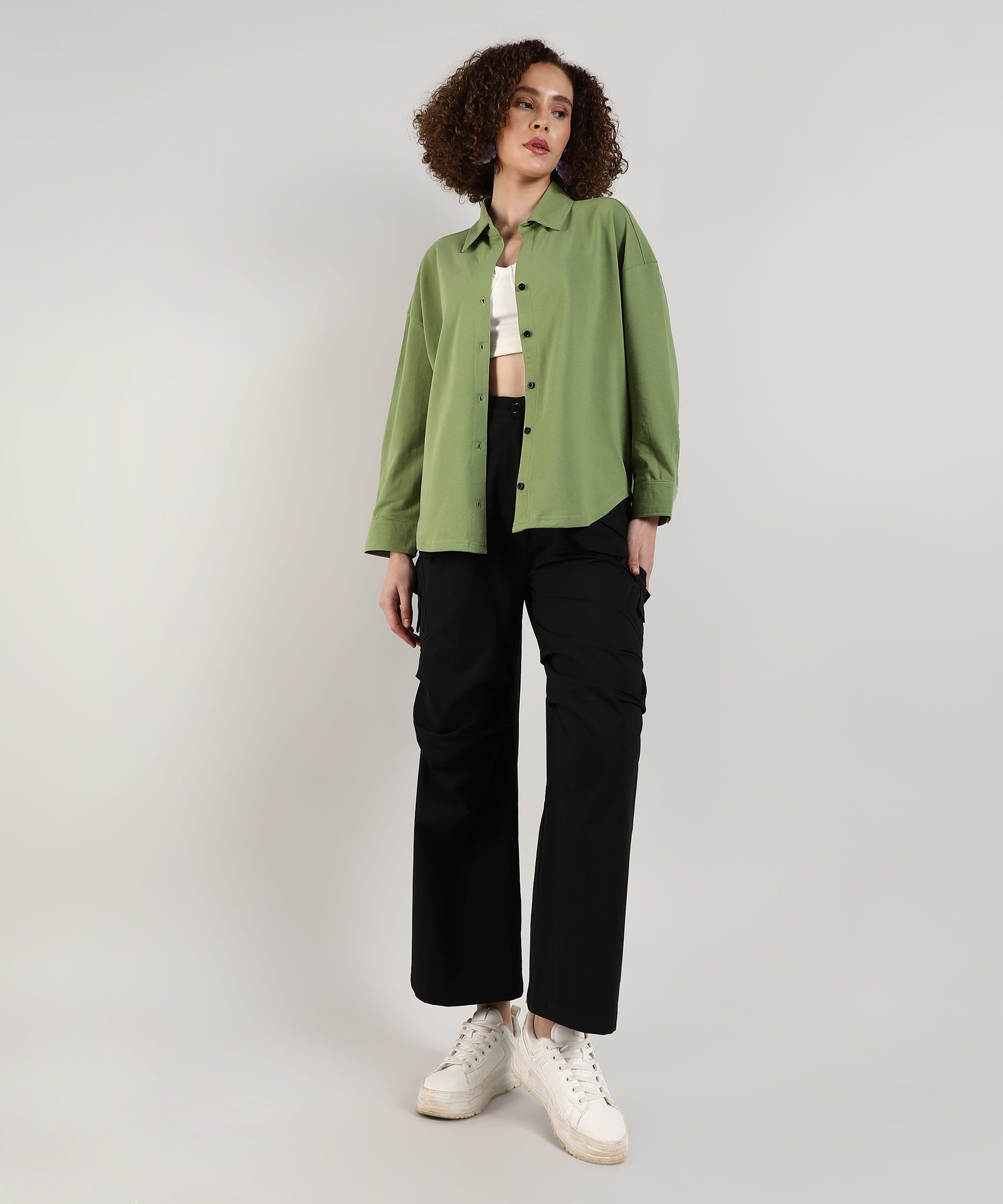 Women's Pistachio Green Solid Casual Boxy Shirt