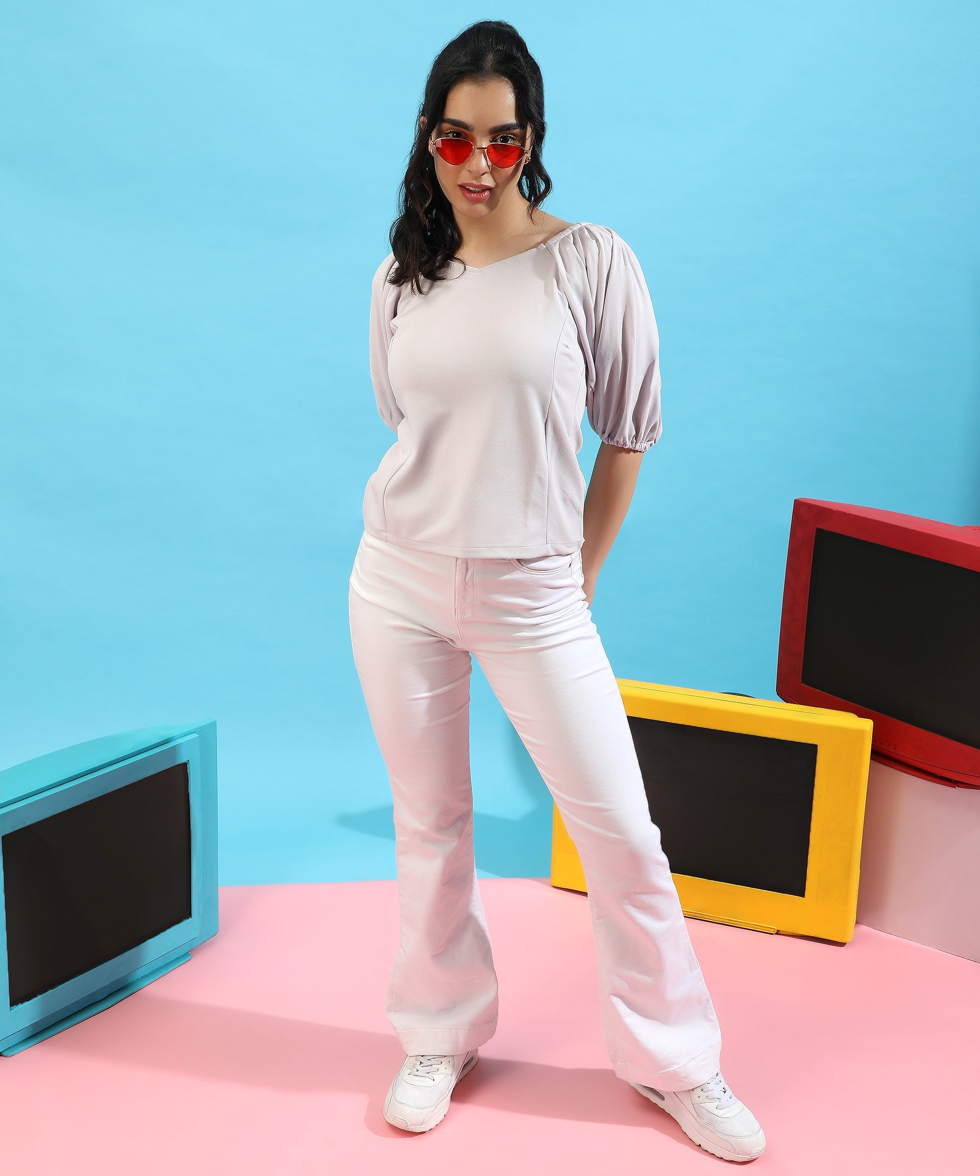 Women's Light Gray Puff-Sleeved Top