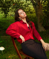 Women's Crimson Red Solid Casual Oversized Shirt