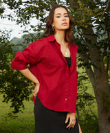 Women's Crimson Red Solid Casual Oversized Shirt