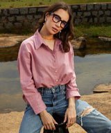 Women's Salmon Pink Self-Design Striped Casual Shirt