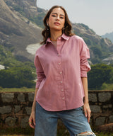 Women's Salmon Pink Self-Design Striped Casual Shirt