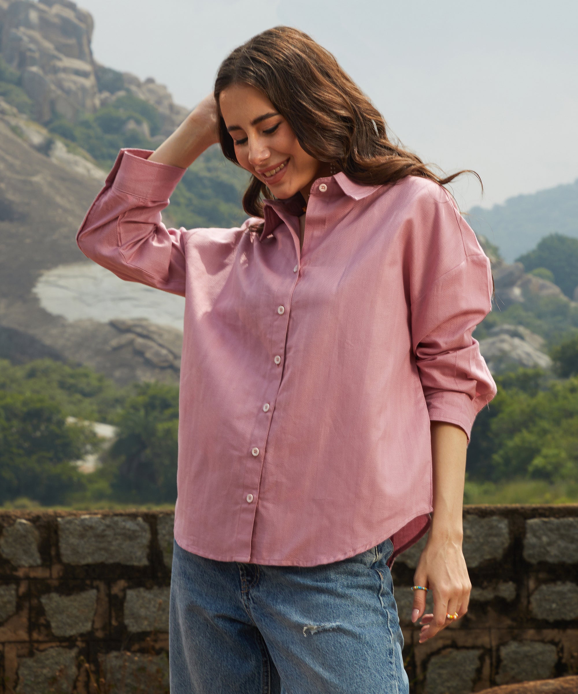 Women's Salmon Pink Self-Design Striped Casual Shirt