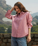 Women's Salmon Pink Self-Design Striped Casual Shirt