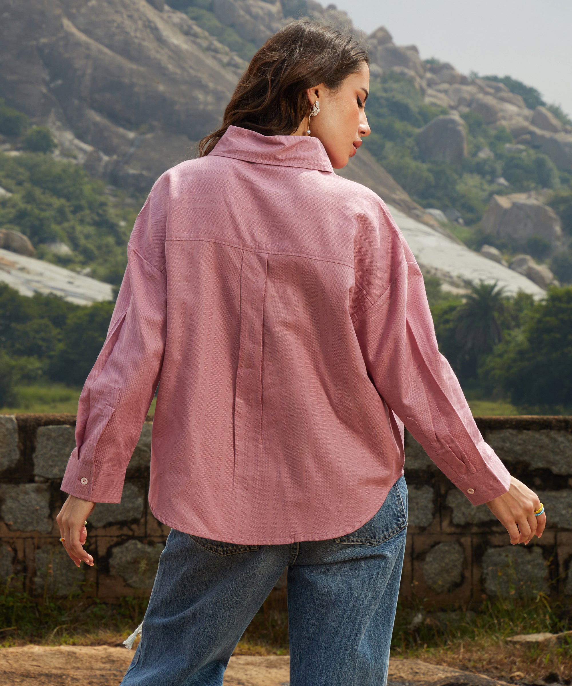 Women's Salmon Pink Self-Design Striped Casual Shirt