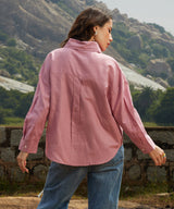 Women's Salmon Pink Self-Design Striped Casual Shirt