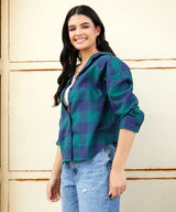 Women's Green & Navy Blue Buffalo Check Casual Oversized Shirt