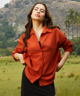 Women's Rust Orange Textured Casual Oversized Shirt