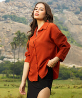 Women's Rust Orange Textured Casual Oversized Shirt