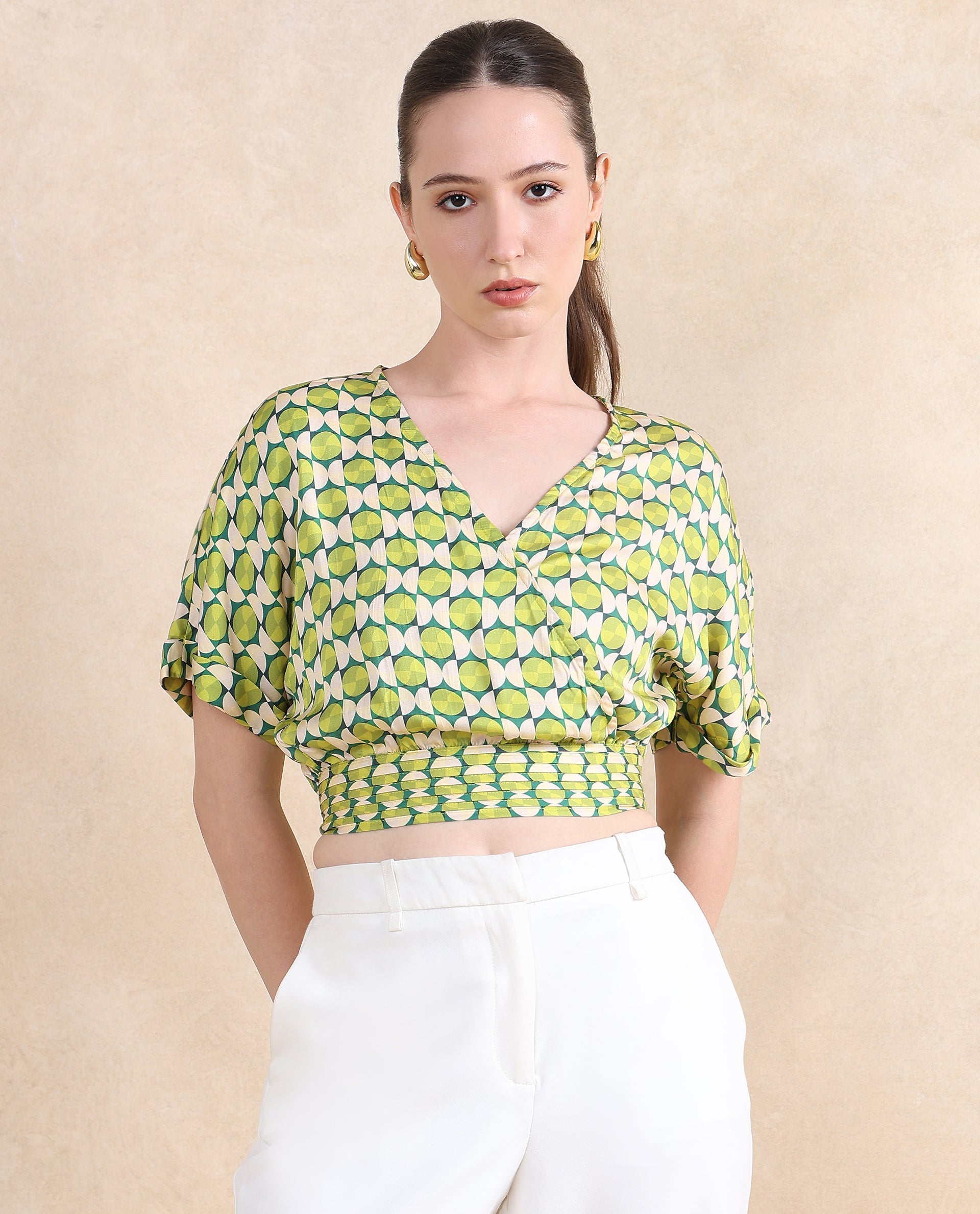 Women's Green Casual Half Sleeves Top