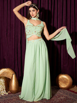 Women's Green Embellished Sequined Ready To Wear Lehenga & Blouse With Dupatta