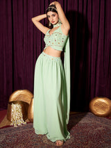 Women's Green Embellished Sequined Ready To Wear Lehenga & Blouse With Dupatta