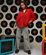Women's Scarlet Red Solid Casual Oversized Shirt