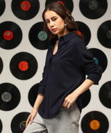 Women's Midnight Blue Solid Casual Oversized Shirt