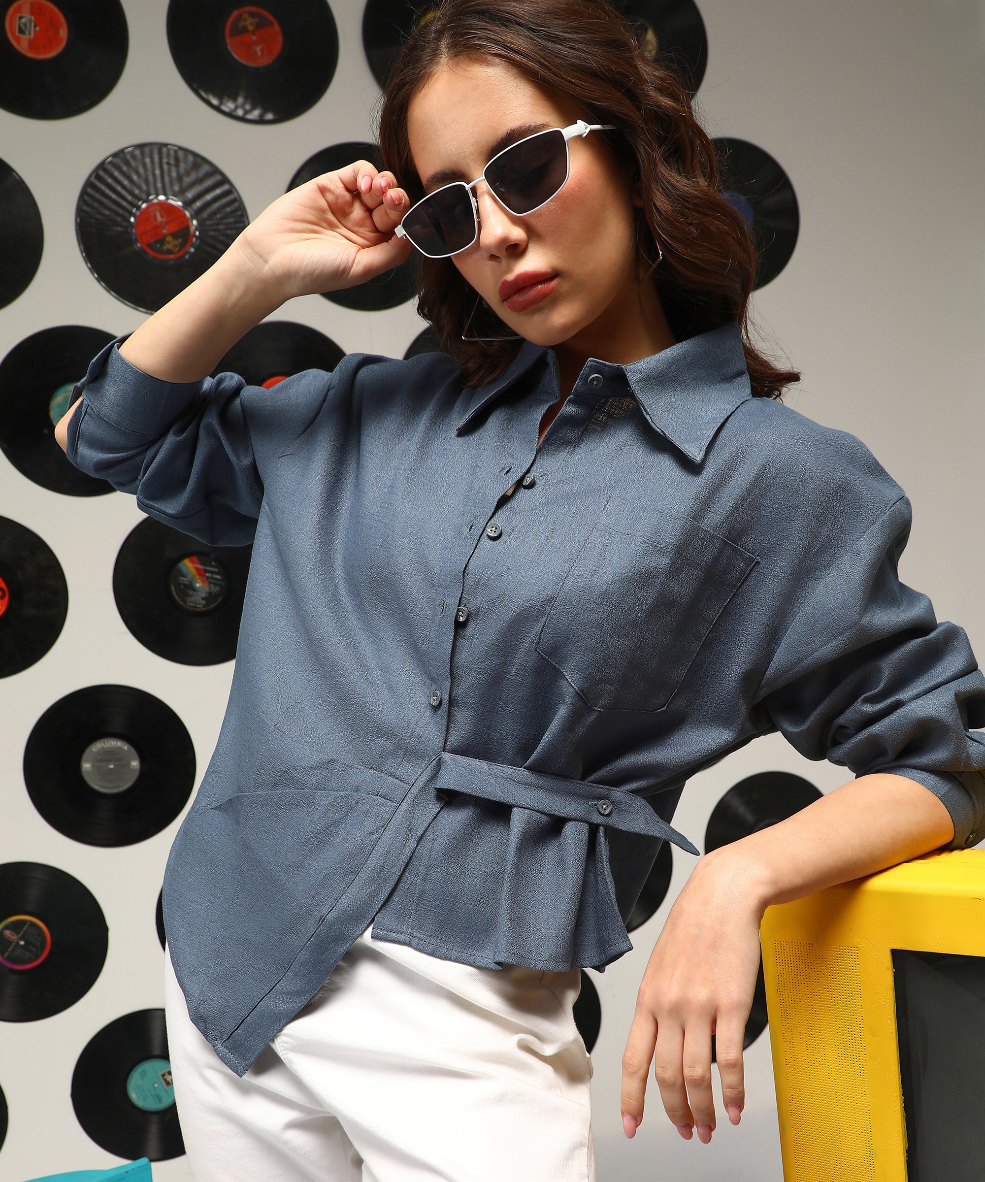 Women's Aegean Blue Solid Wrap Casual Shirt