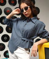 Women's Aegean Blue Solid Wrap Casual Shirt