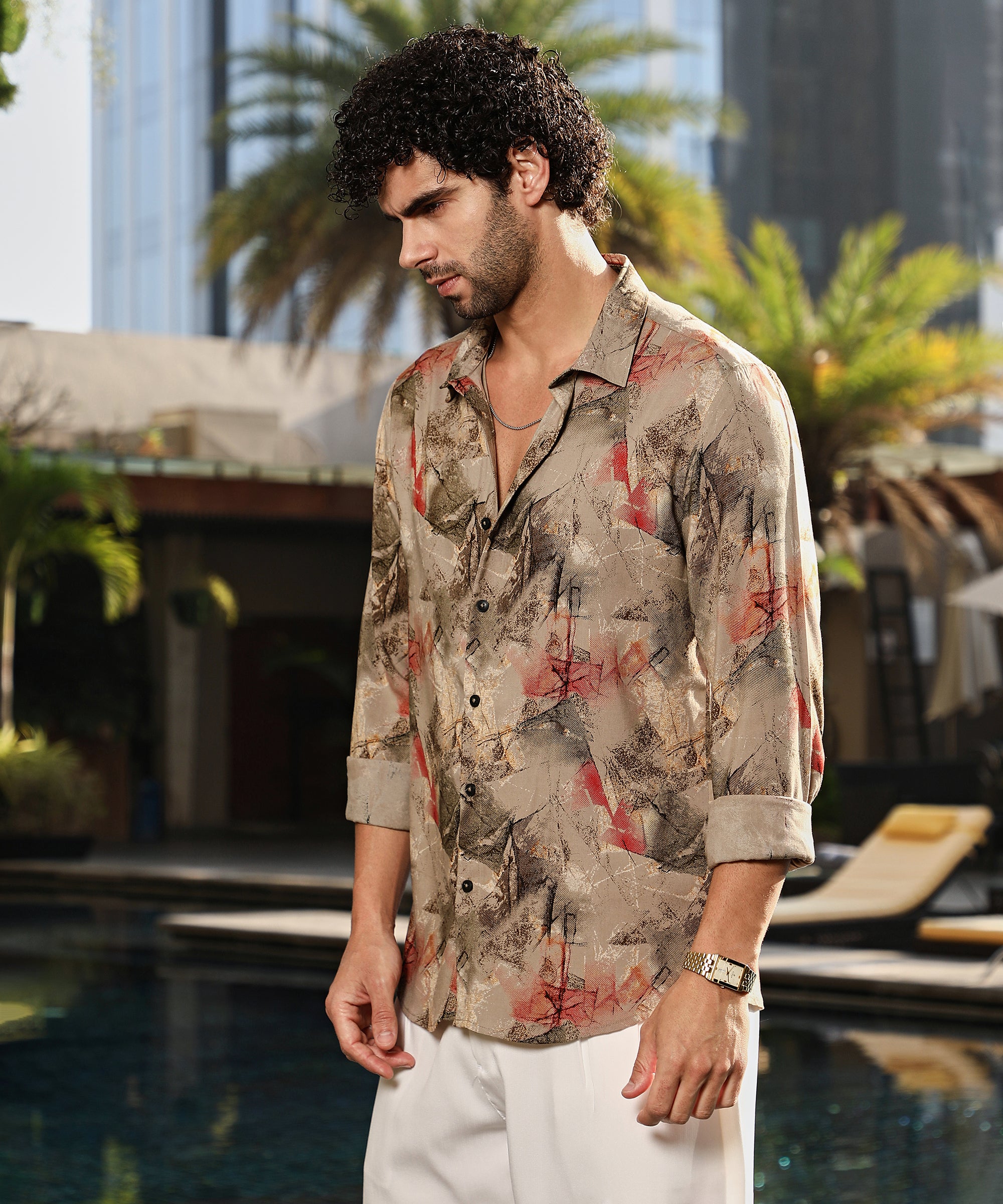 Men's Camel Beige Casual Pigme-Strokes Full Sleeve Shirt