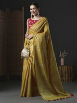 Women's Kota Doria Cotton Yellow Printed Designer Saree with Blouse Piece