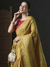 Women's Kota Doria Cotton Yellow Printed Designer Saree with Blouse Piece