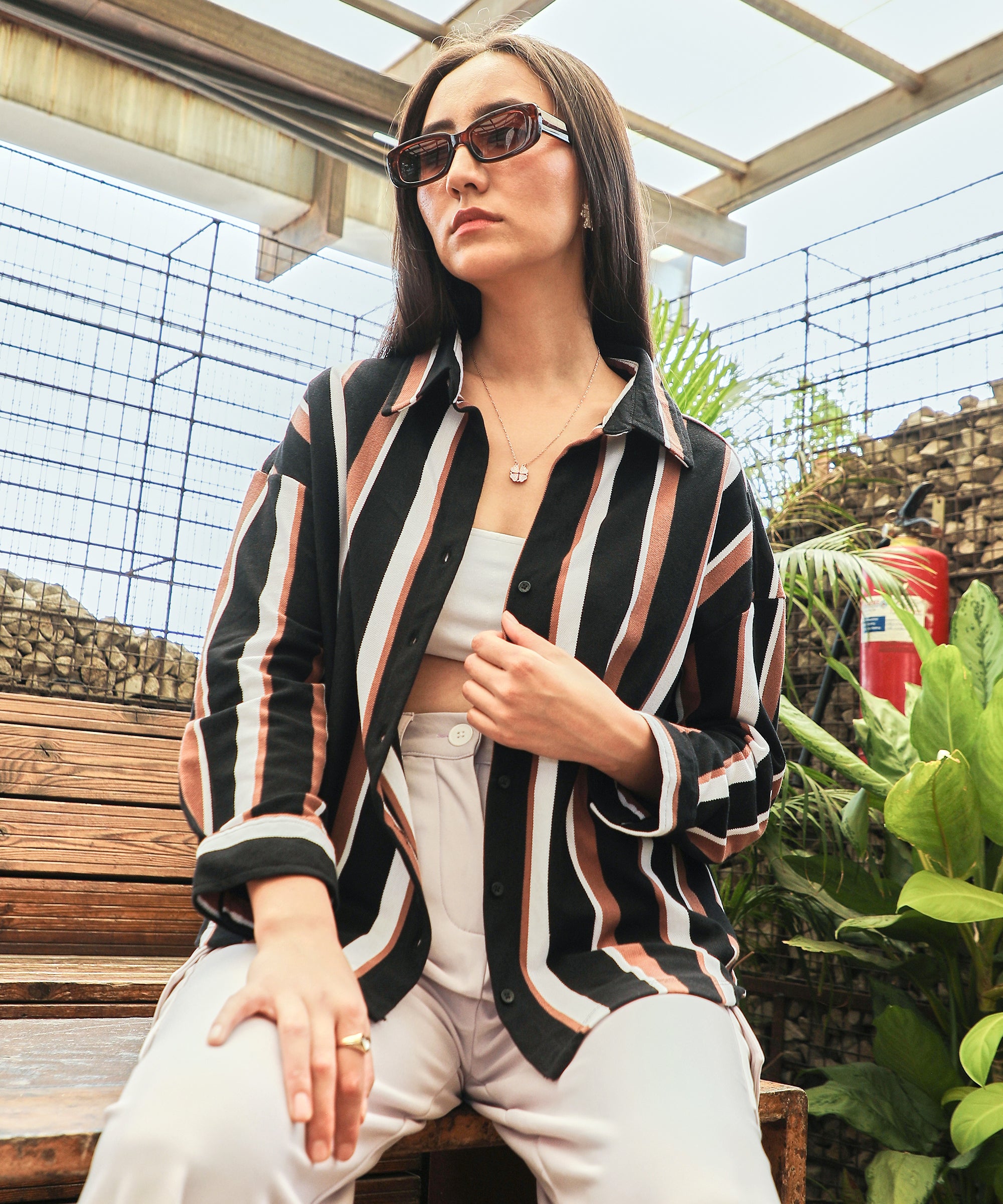 Women's Midnight Black & Mocha Brown Striped Boxy Shirt
