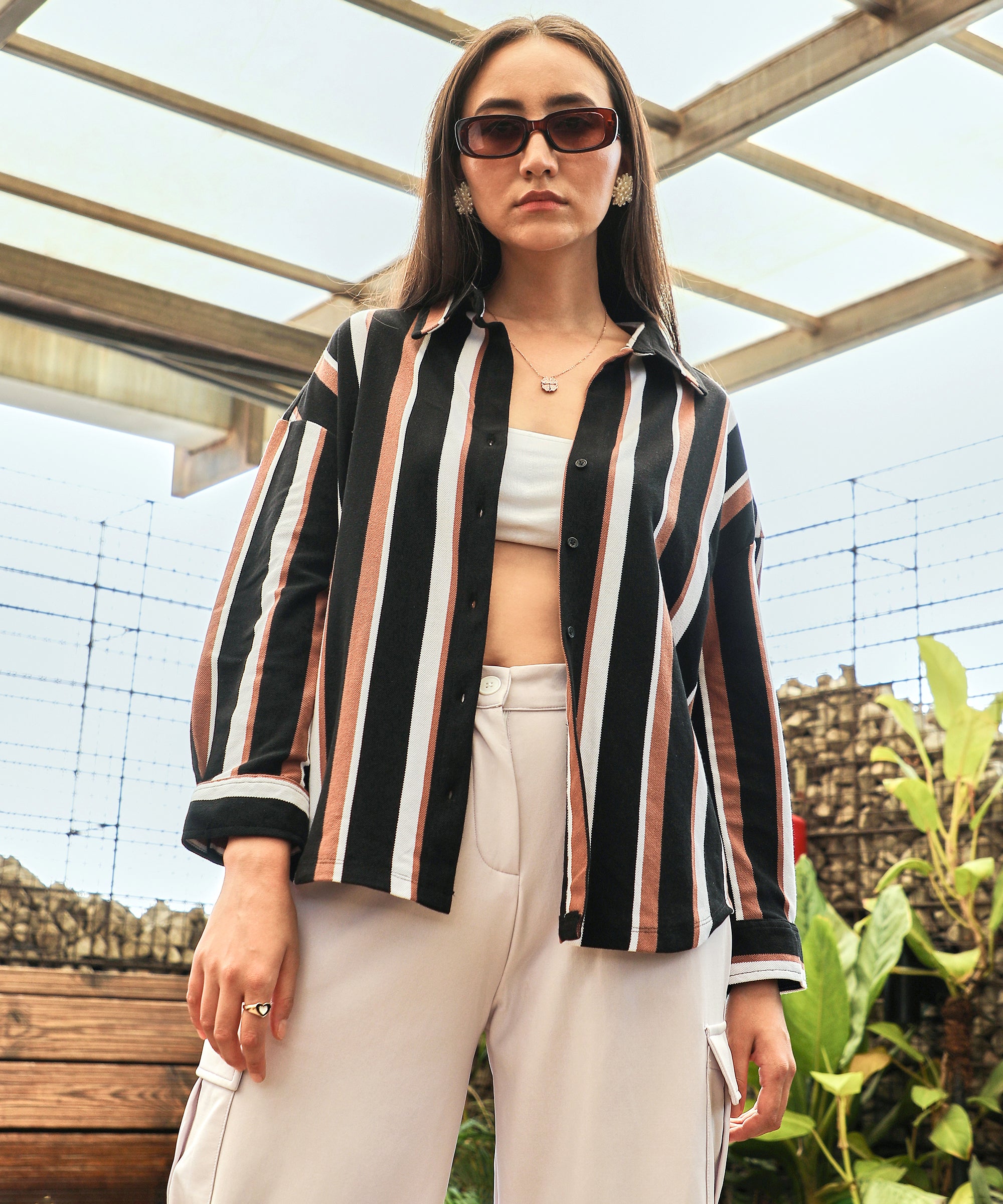 Women's Midnight Black & Mocha Brown Striped Boxy Shirt
