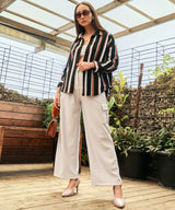 Women's Midnight Black & Mocha Brown Striped Boxy Shirt
