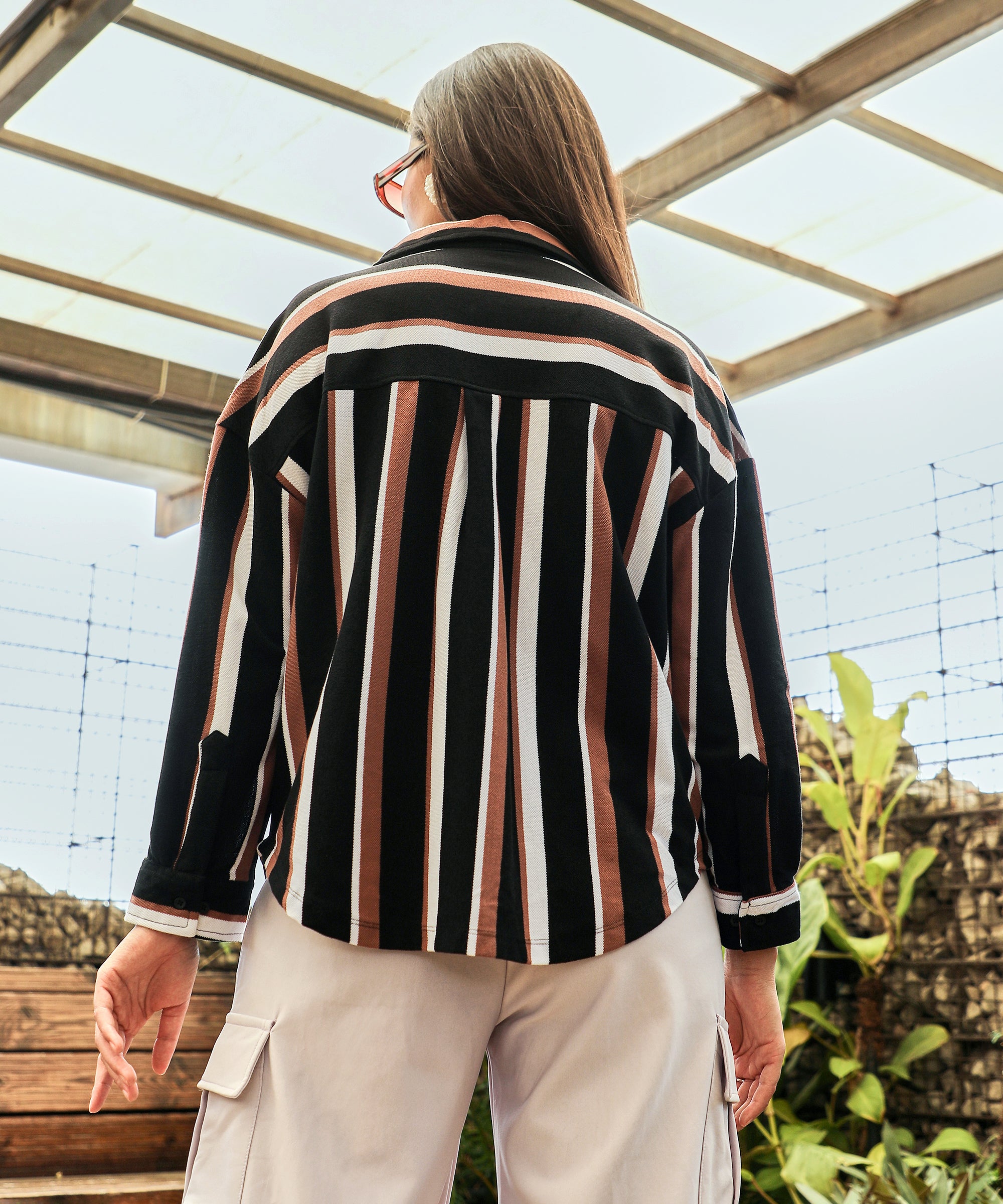 Women's Midnight Black & Mocha Brown Striped Boxy Shirt