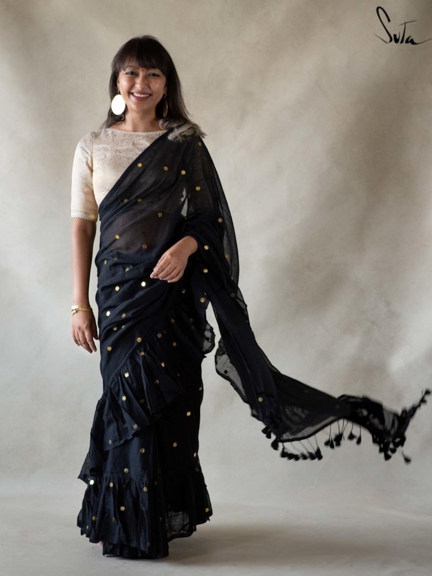 Women's Black Mul Cotton Saree