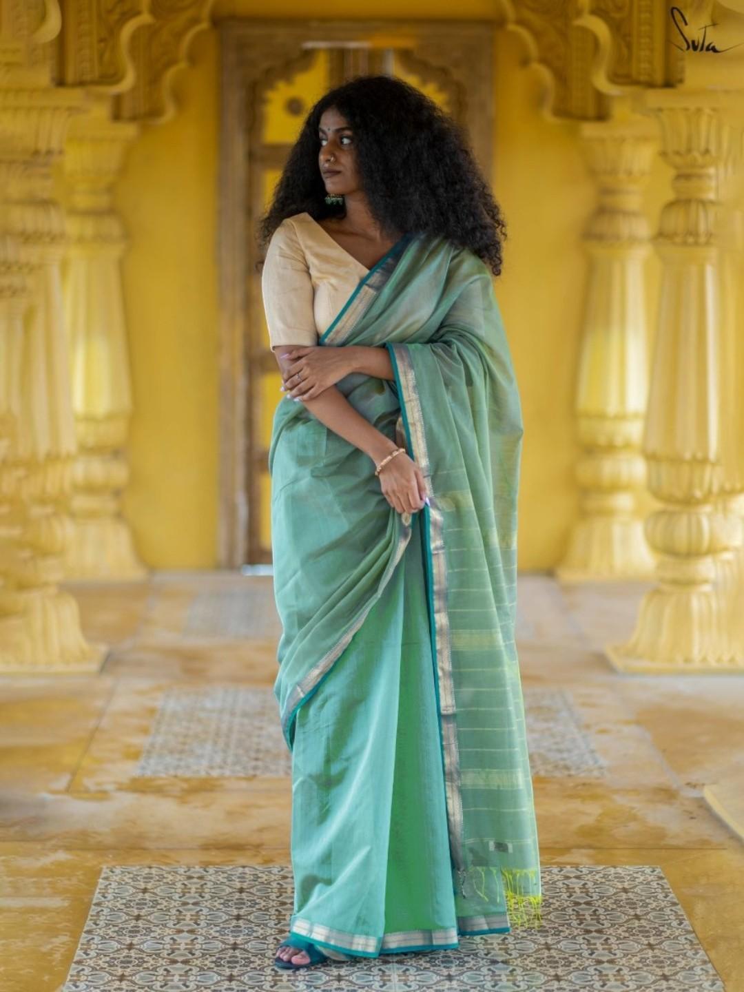 Women's Green Cotton Silk Saree