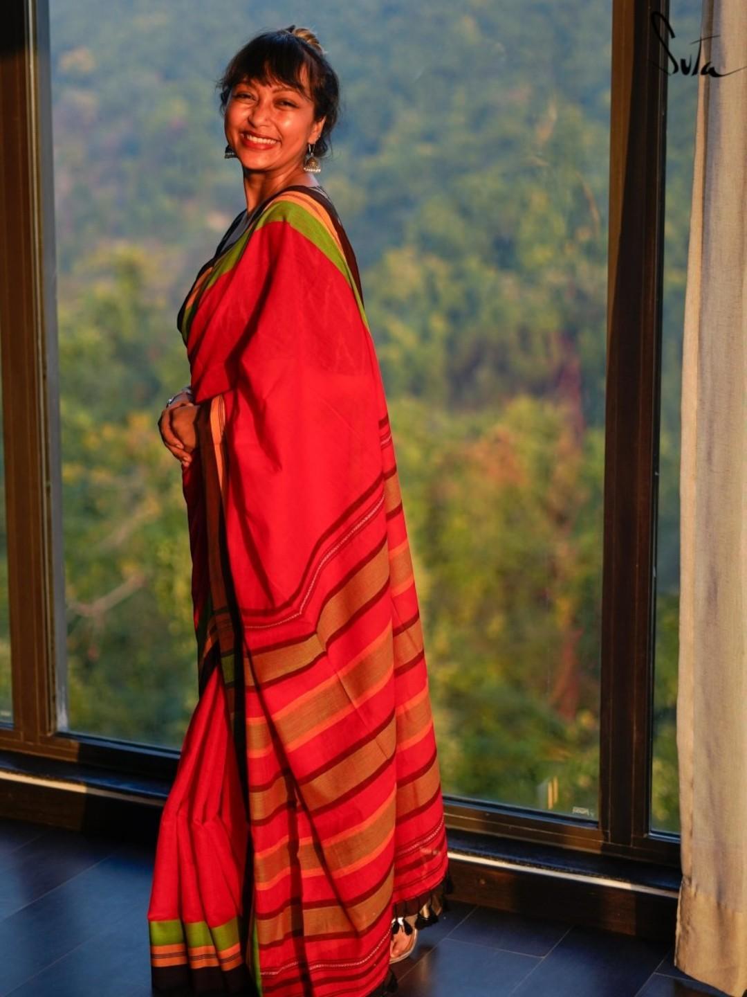 Women's Red Cotton Saree