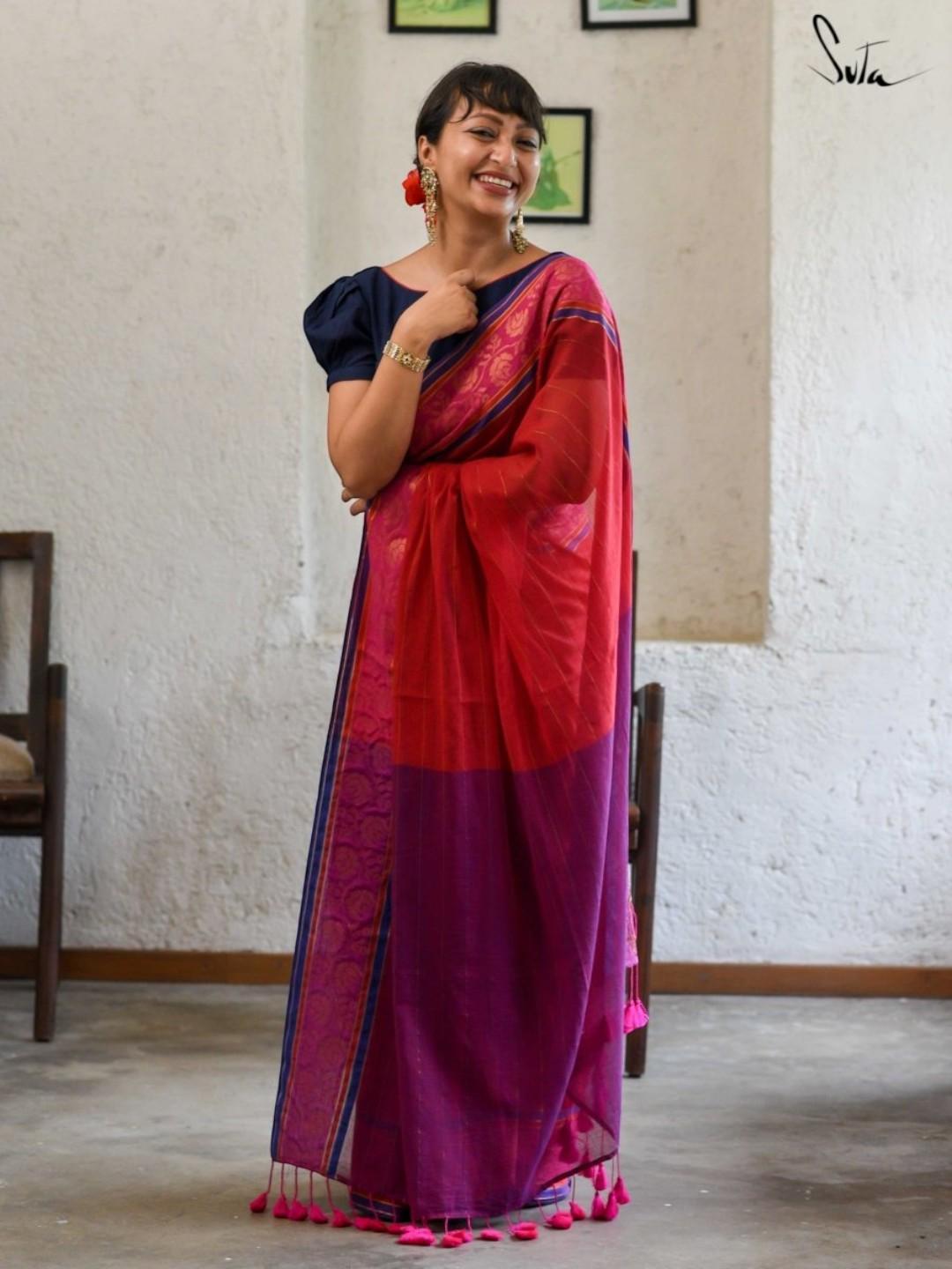 Women's Red Mul Cotton with Zari Saree