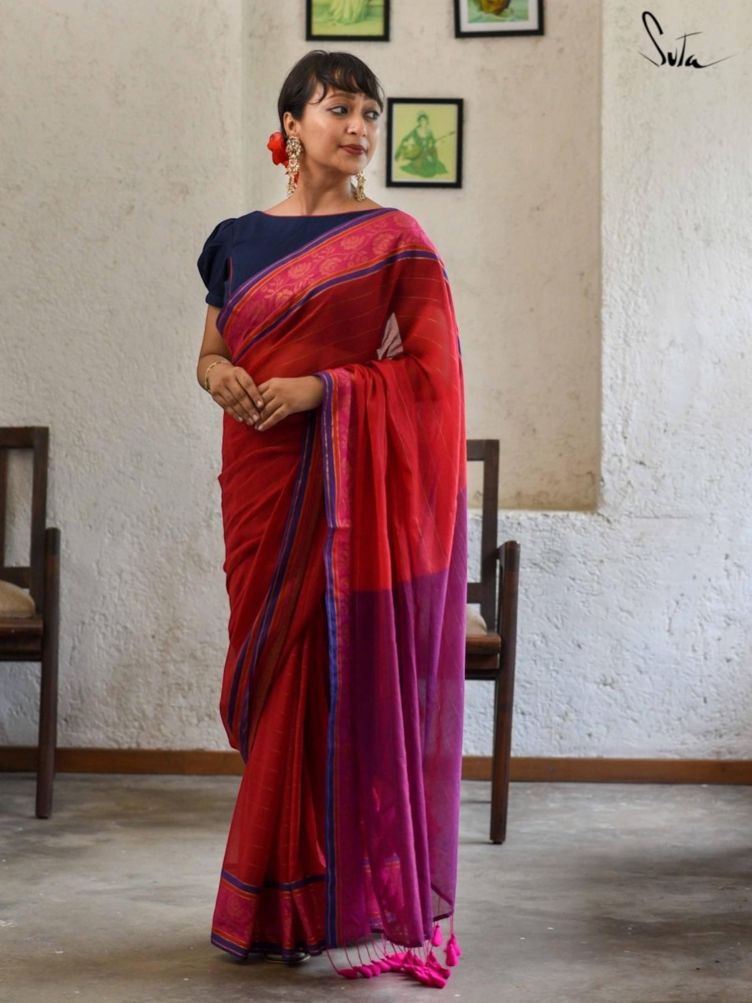 Women's Red Mul Cotton with Zari Saree