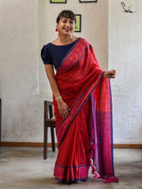 Women's Red Mul Cotton with Zari Saree