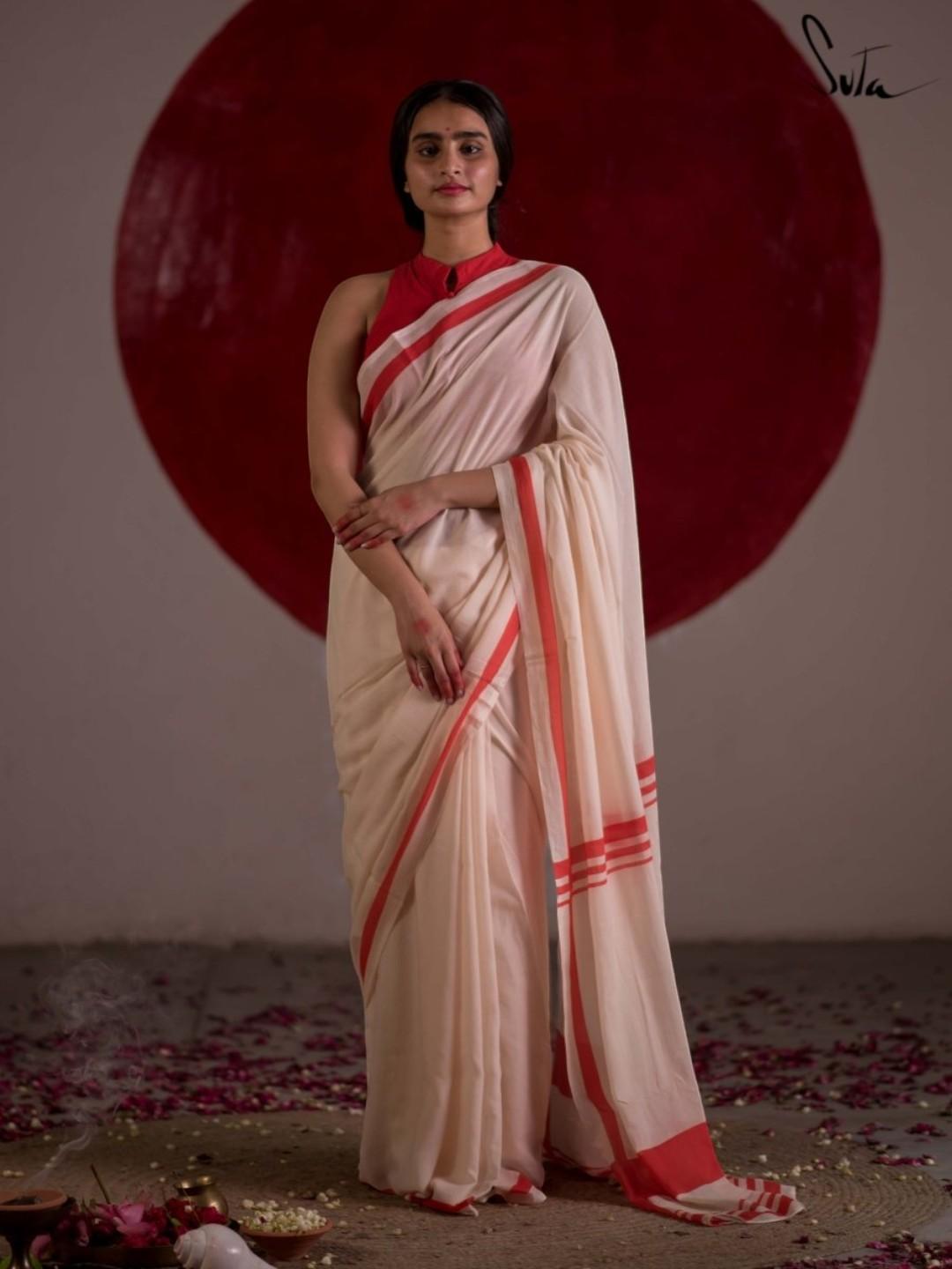 Women's White Mul Cotton Saree