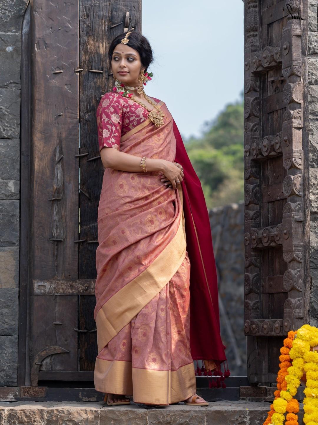 Women's Red Cotton Acrylic Saree