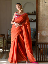 Women's Orange Casual Cotton Blend Saree