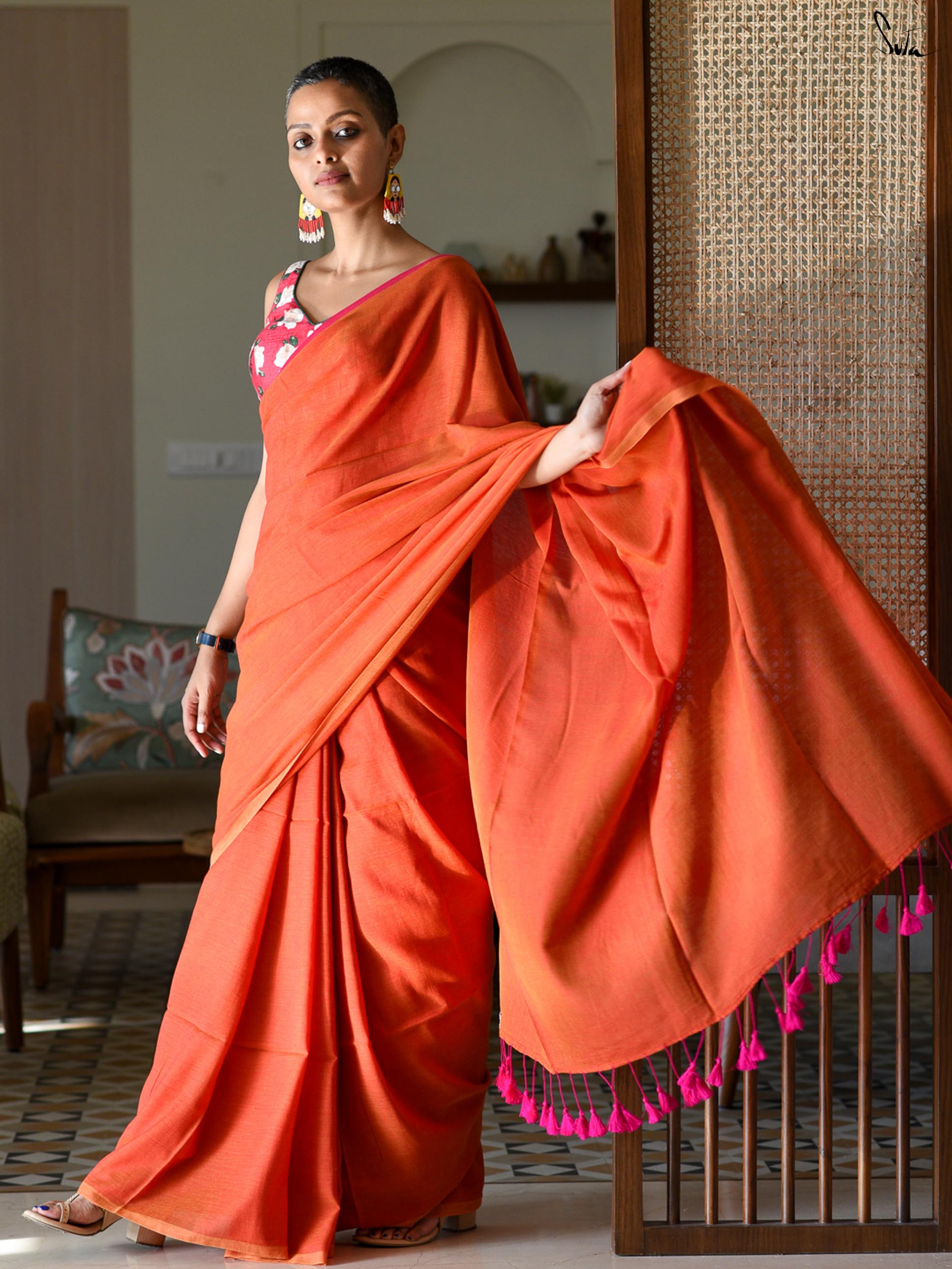 Women's Orange Casual Cotton Blend Saree