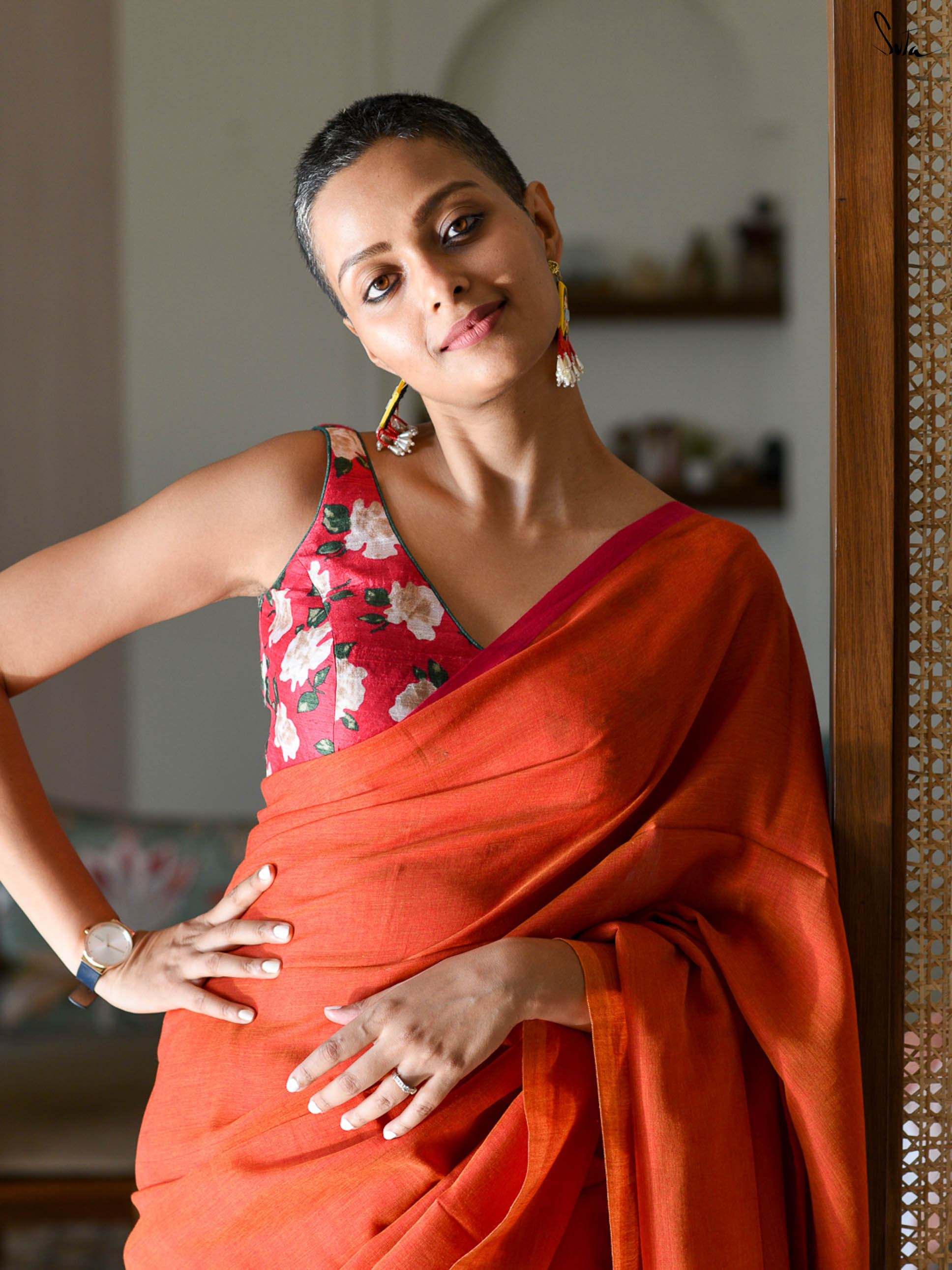 Women's Orange Casual Cotton Blend Saree